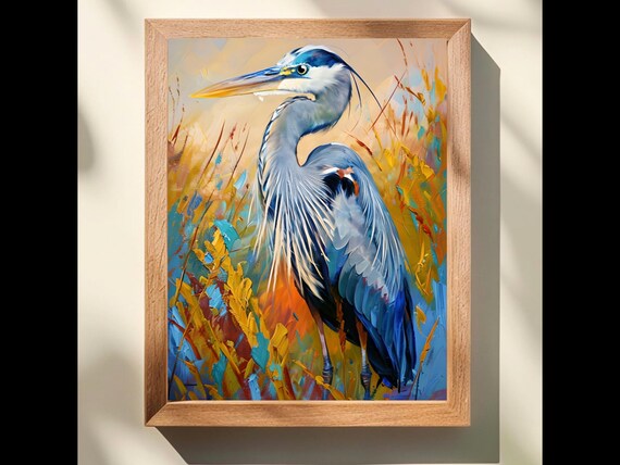 Great Blue Heron Marsh Painting Autumn Reeds Wildlife Impasto Art Poster