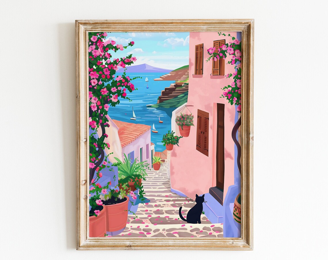 Greek Island Illustration, Greece Cat Art Print