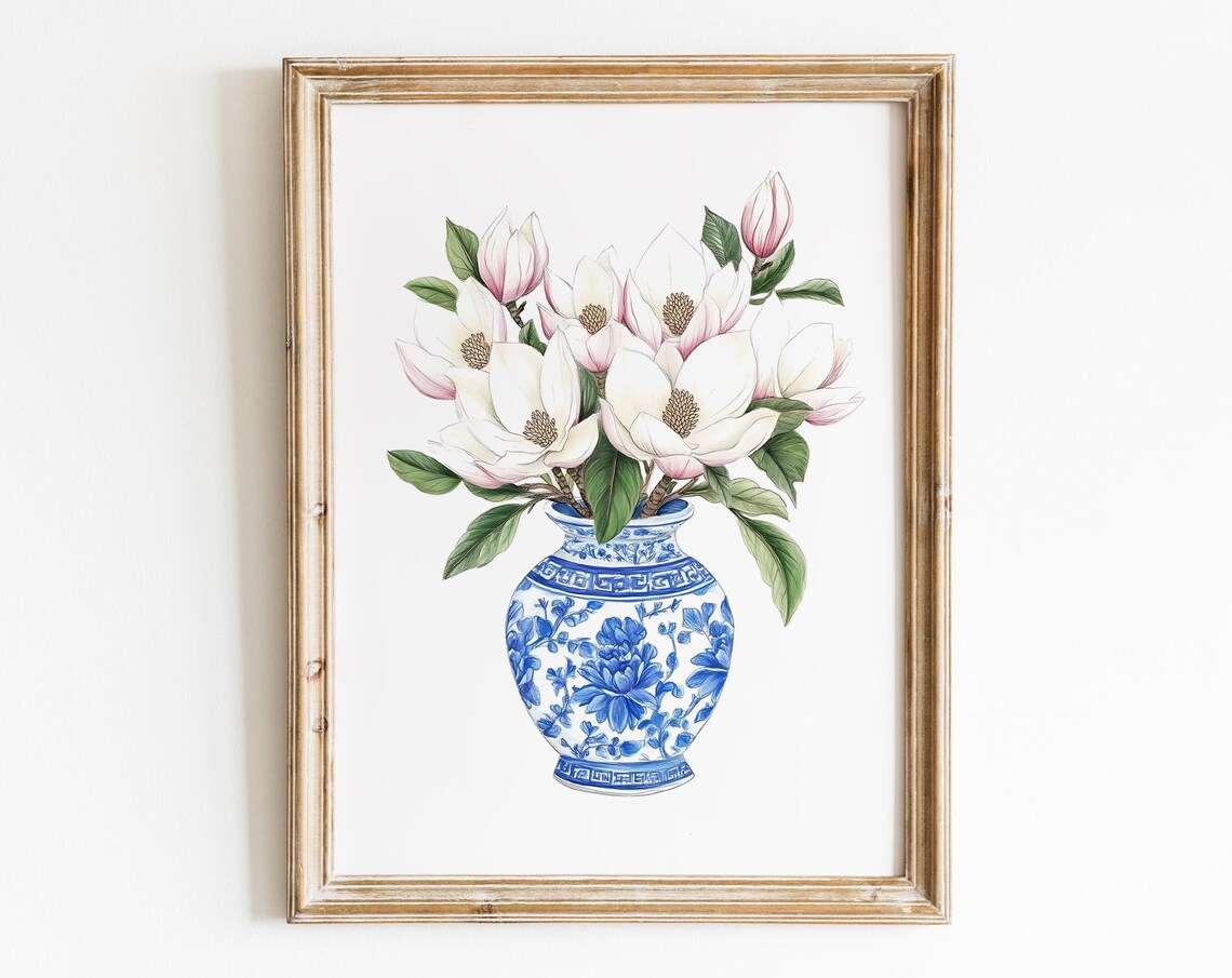 White Magnolia Blossoms Blue White Porcelain Vase Floral Poster