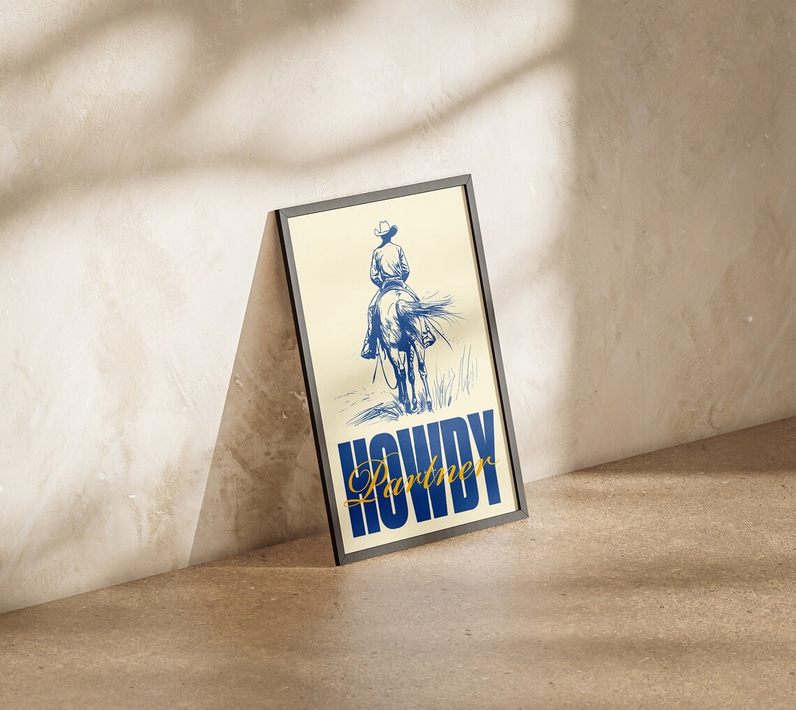 Howdy Partner Blue Cowboy Horseback Retro Western Decor Poster - Image 4