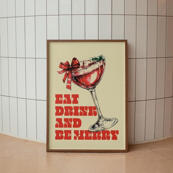 Eat Drink and Be Merry Red Christmas Cocktail Party Decor Poster