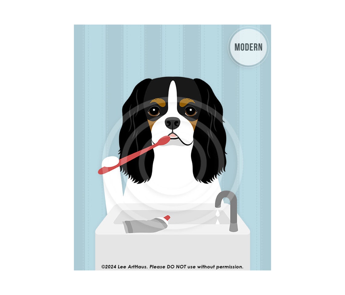 Tricolor Cavalier Spaniel Brushing Teeth Funny Dog Bathroom Poster - Image 8