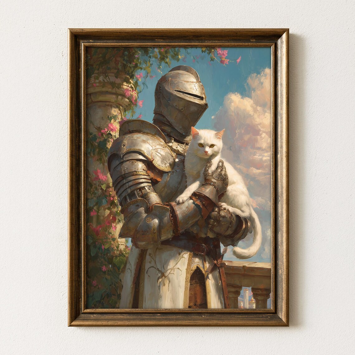 Medieval Knight in Armor Holding White Cat Castle Painting Poster