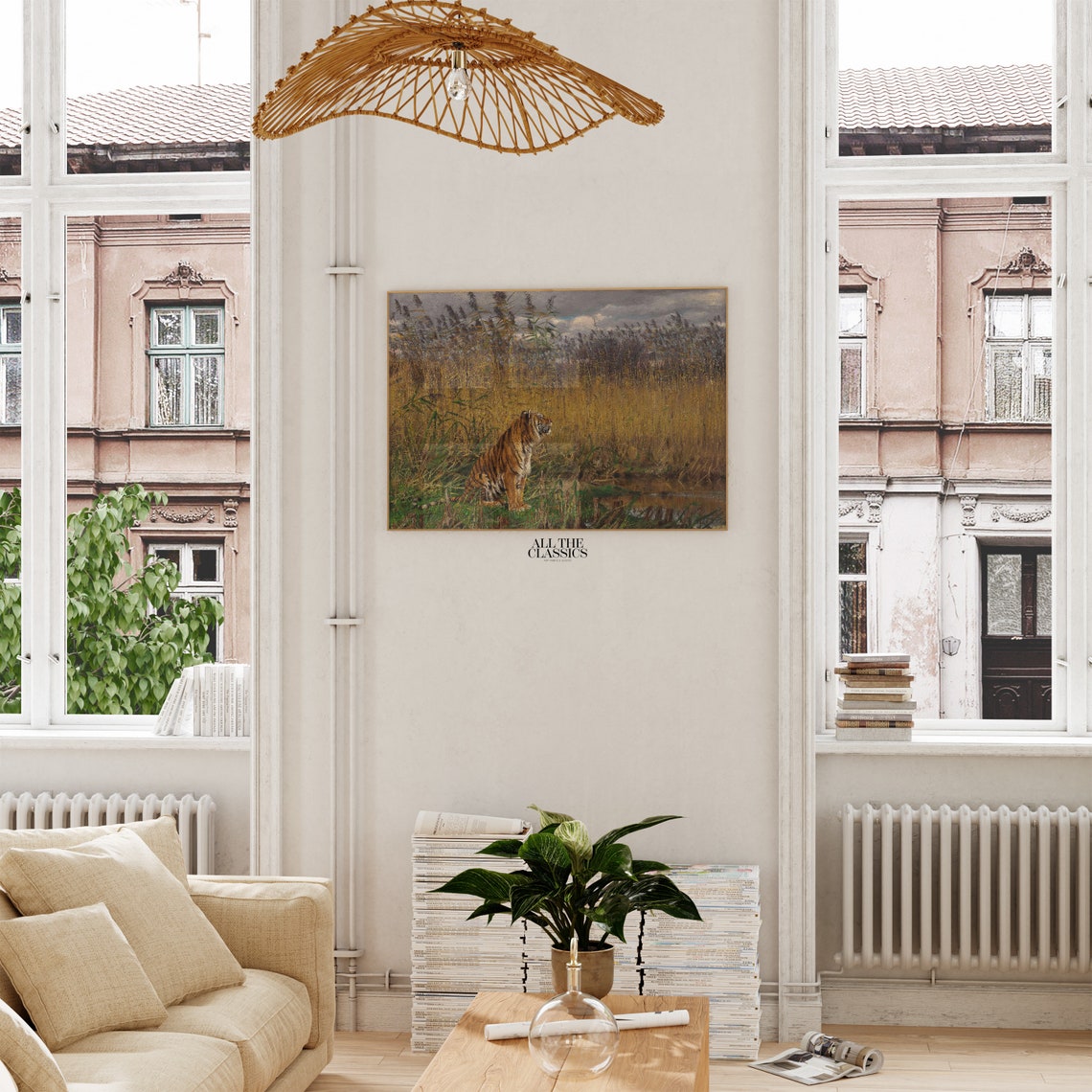 Majestic Tiger Resting in Tall Golden Reeds by a Stream Poster - Image 2