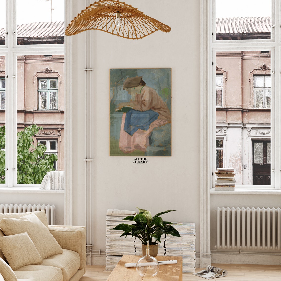 Woman Reading Outdoors Blue And Pink Impressionist Portrait Poster - Image 2