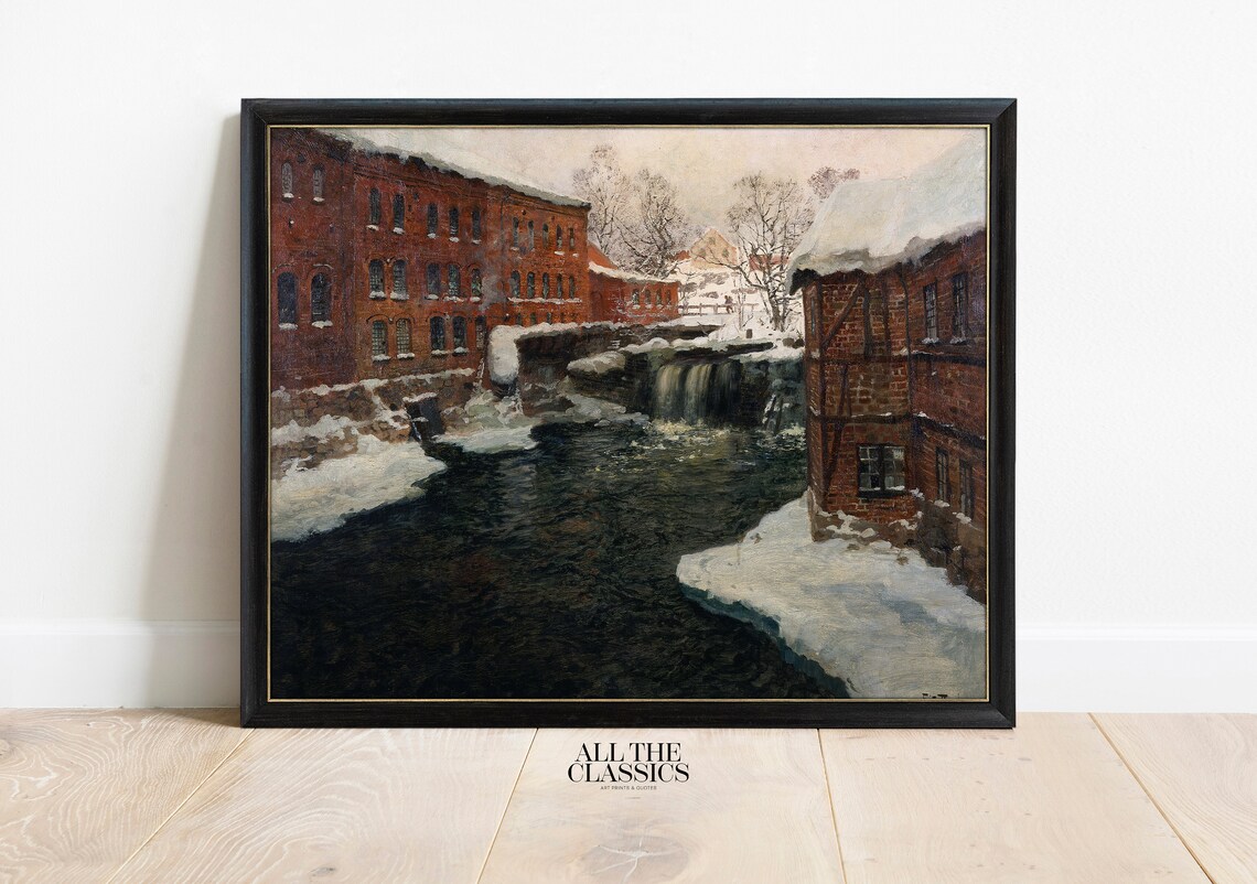 Frits Thaulow Winter Village Red Mill Waterfall Snow Scene Art Poster - Image 3