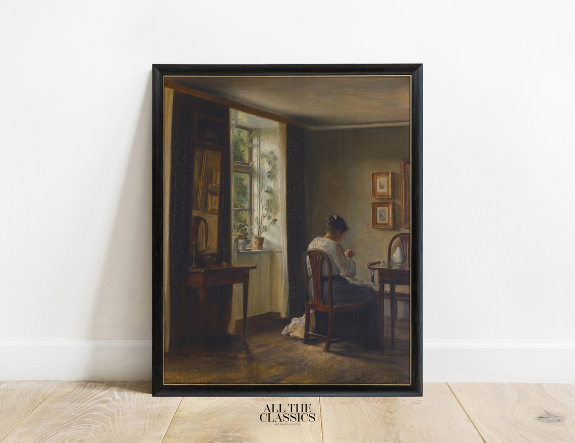 Victorian Seamstress Sewing by the Window Rustic Vintage Poster - Image 3