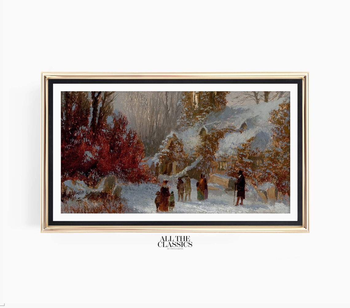 Snowy Christmas Village with Villagers in Falling Snow Poster - Image 3