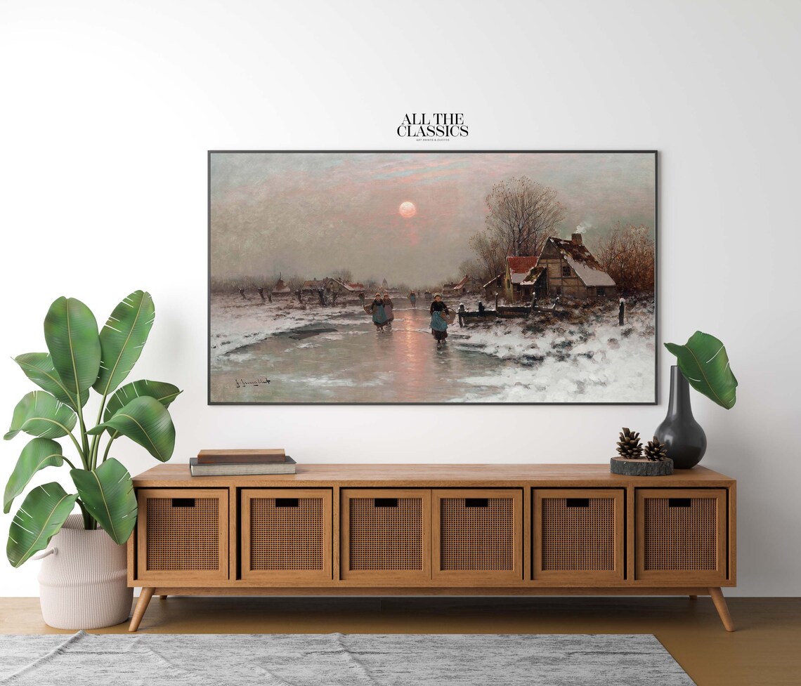 Winter Canal Sunset Frozen Village Evening Dutch Landscape Wall Art - Image 2