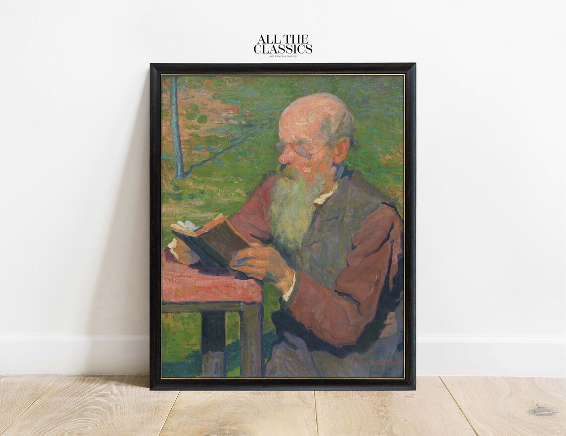 Elderly Man Reading Book Outdoors Impressionist Vintage Portrait Poster - Image 3