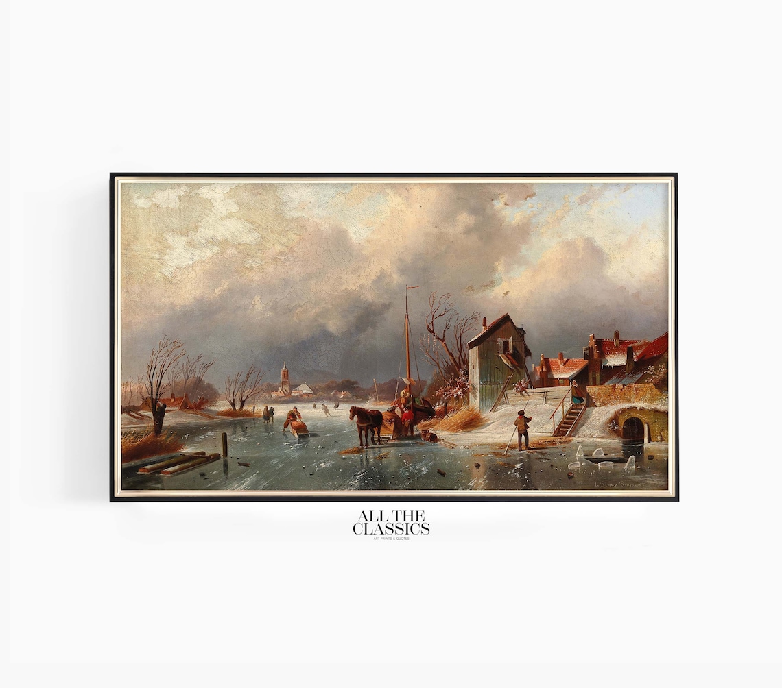 Frozen Canal Winter Horse Sled Ice Skaters Village Painting Poster
