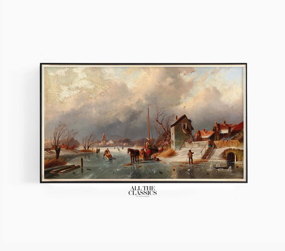 Frozen Canal Winter Horse Sled Ice Skaters Village Painting Poster