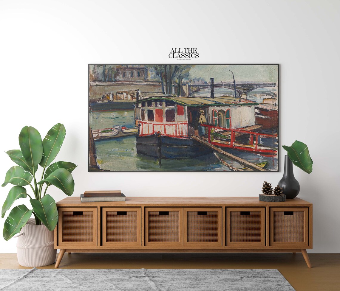 Houseboat on a Quiet River with Bridge Modern Vintage Poster - Image 2