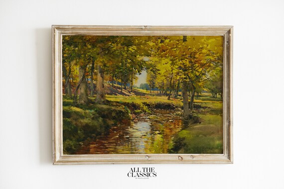 Golden Autumn Forest with a Winding Stream Vintage Landscape Poster