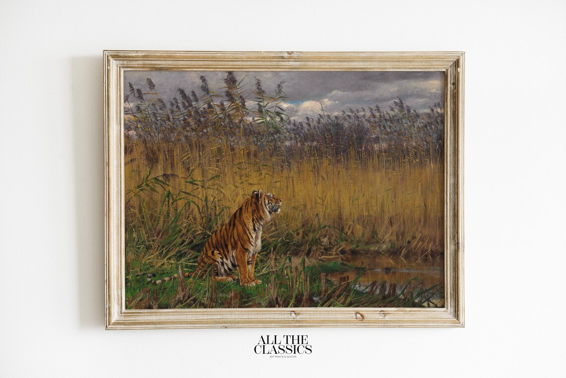 Majestic Tiger Resting in Tall Golden Reeds by a Stream Poster