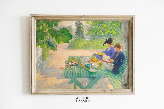 Carl Larsson Holiday Reading Family Garden Tea Bright Watercolor Art Poster