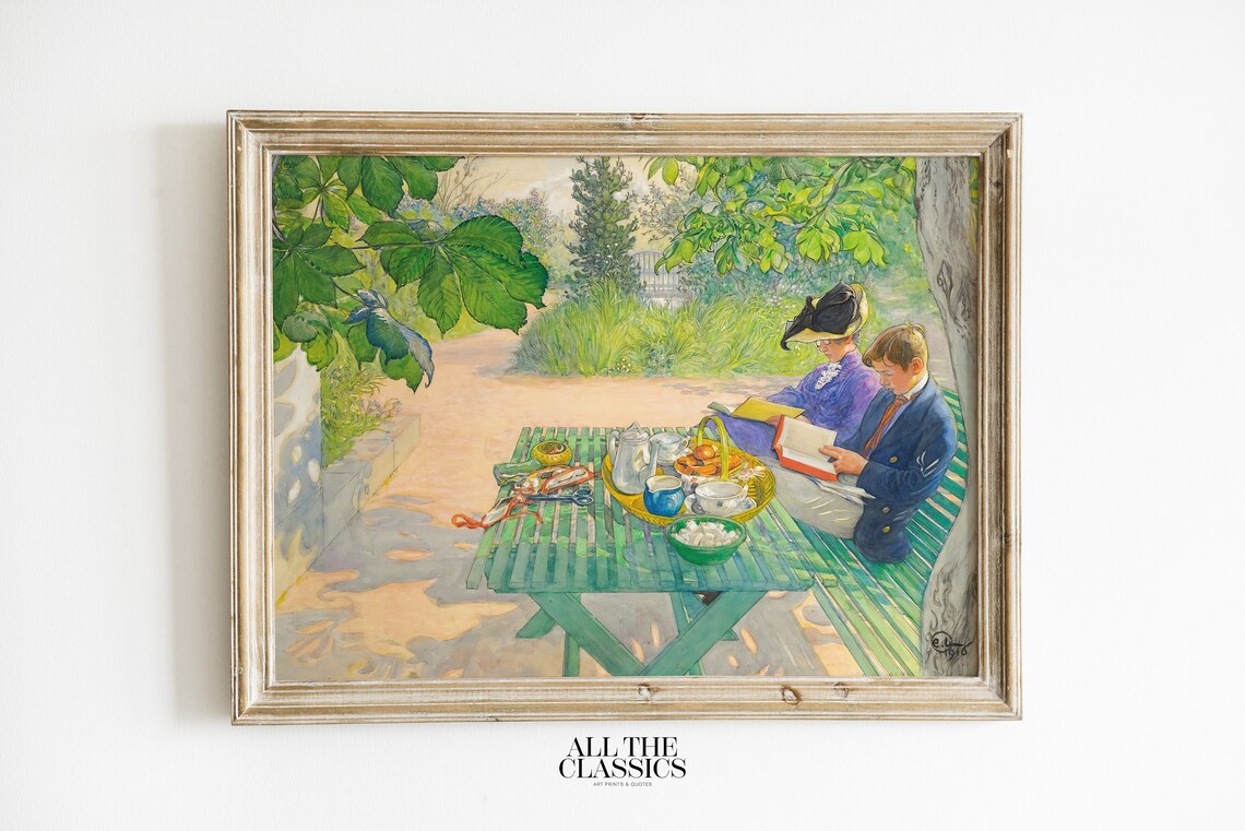 Carl Larsson Holiday Reading Family Garden Tea Bright Watercolor Art Poster
