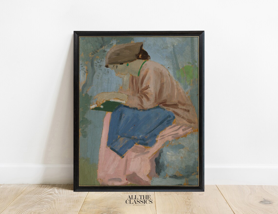 Woman Reading Outdoors Blue And Pink Impressionist Portrait Poster - Image 3