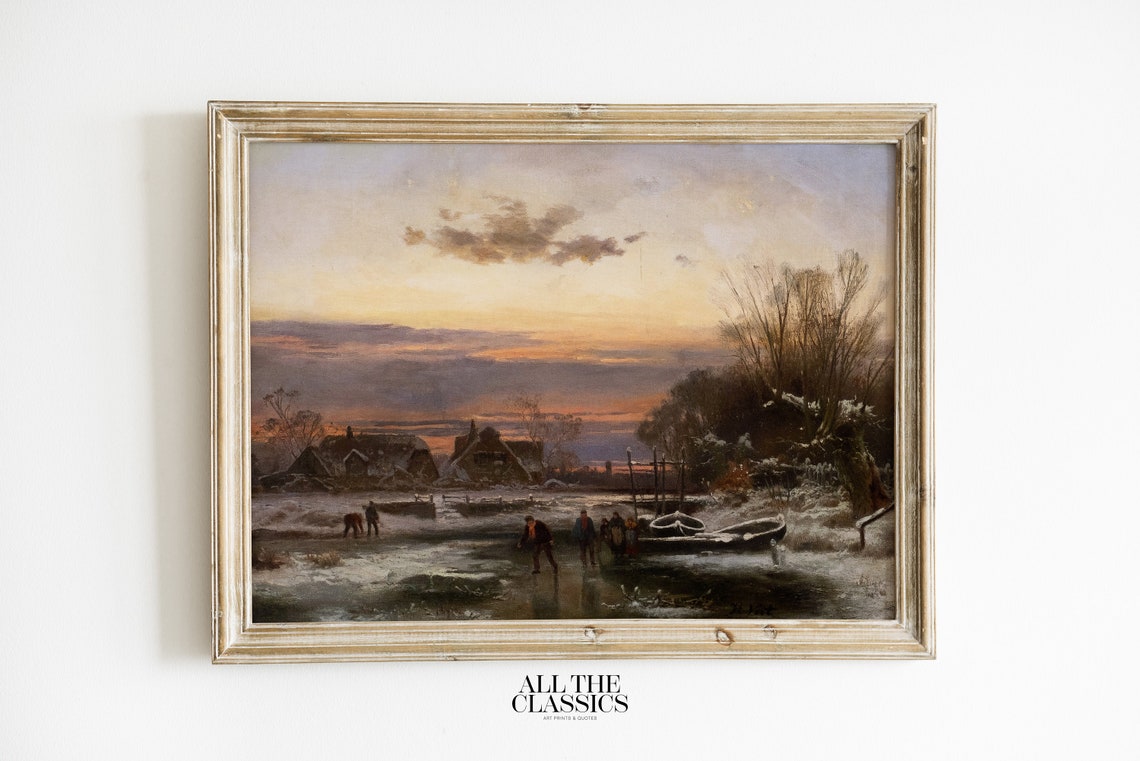 Winter Village Sunset Frozen Canal Dramatic Vintage Landscape Poster