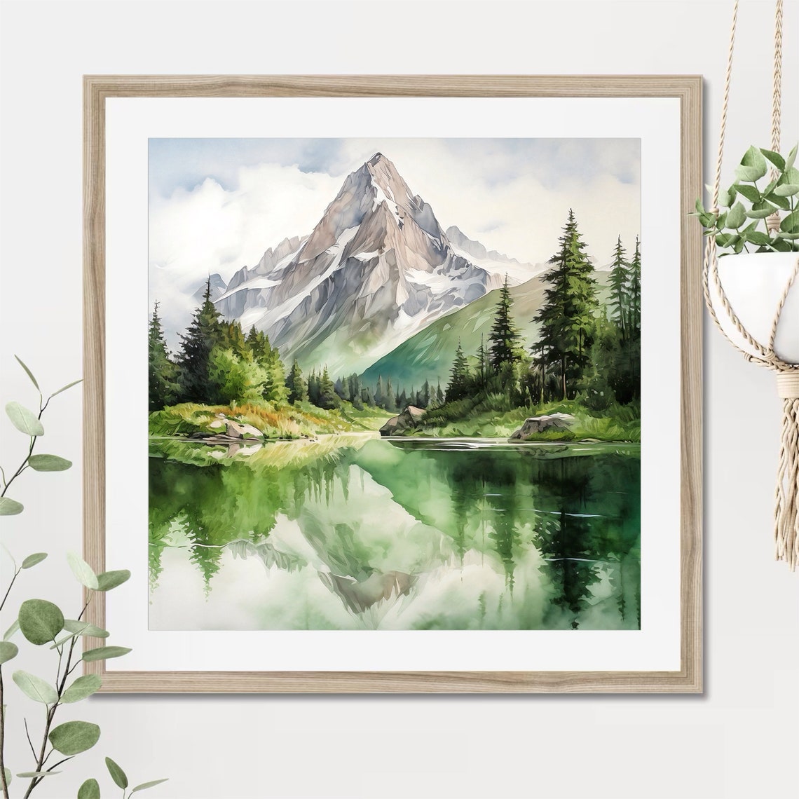 Snow Peak Lake Reflection Pine Forest Watercolor Nature Art Poster - Image 3