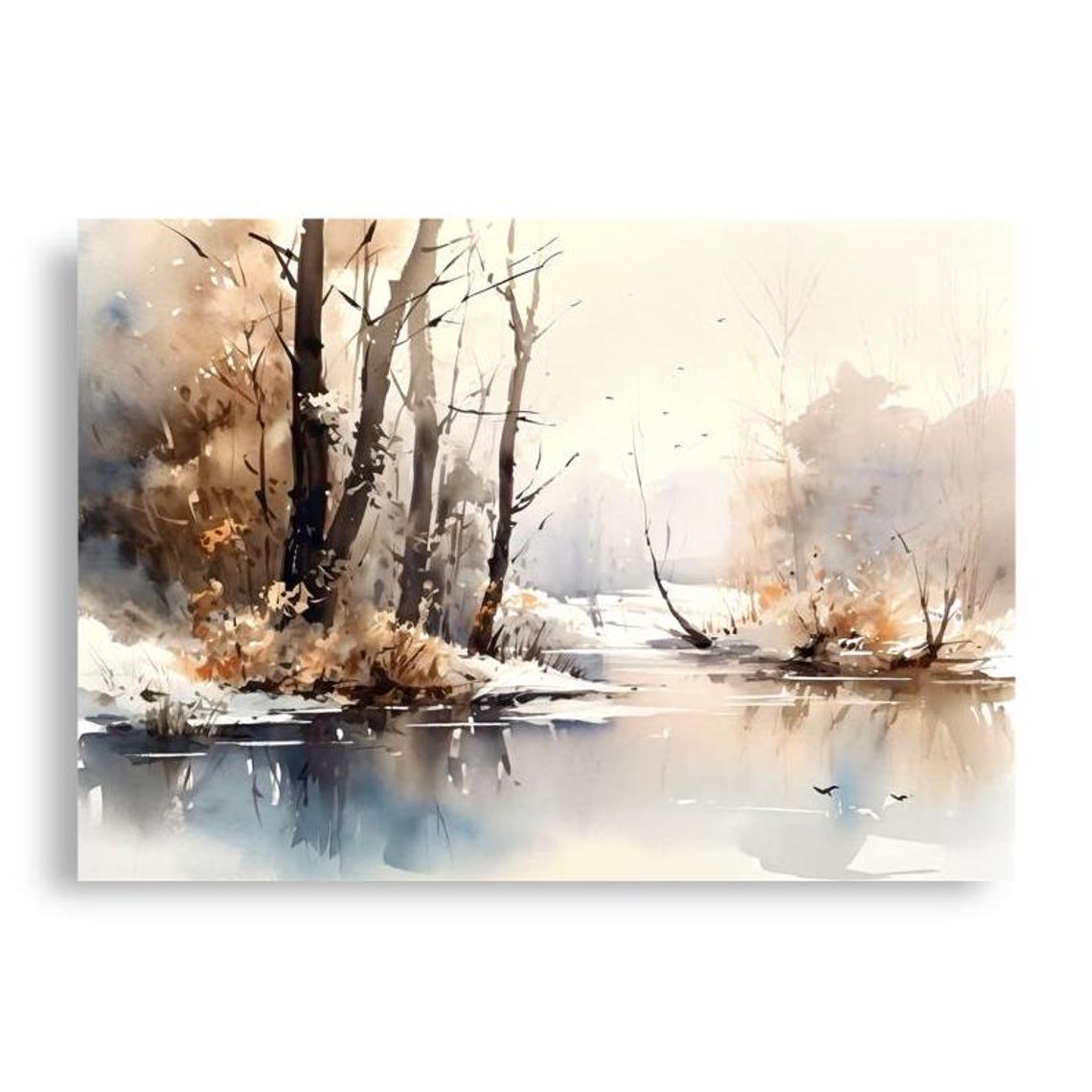 Winter Forest Lake Mountain Landscape Watercolor Art Print Home Decor Gift - Image 3
