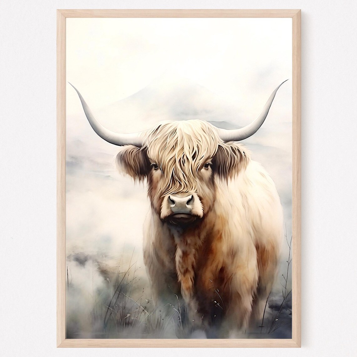 Highland Cow Portrait Shaggy Longhorn Watercolor Rustic Art Poster