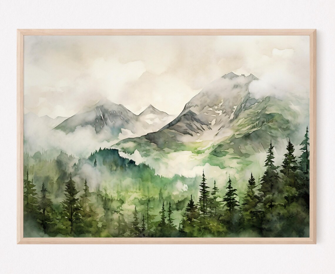 Foggy Mountain Forest Green Mist Watercolor Nature Art Poster