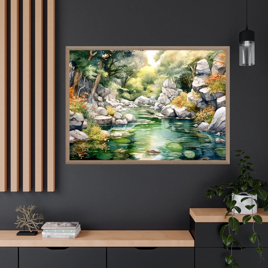 Emerald Forest River White Boulders Orange Wildflowers Art Poster - Image 2