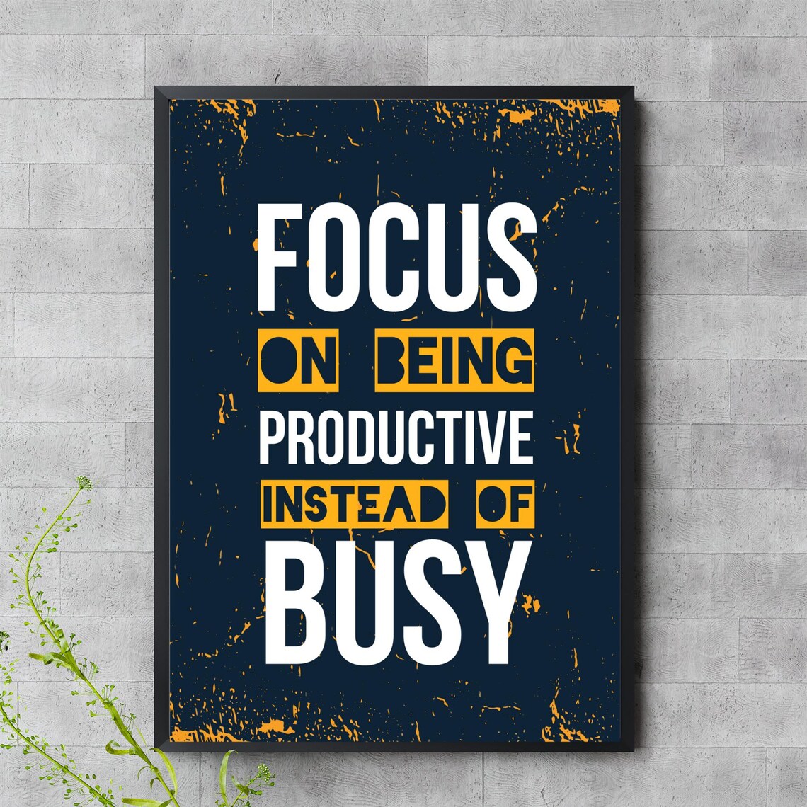 Productivity Quote Wall Art Focus Not Busy Poster Motivational Office Print Navy Yellow