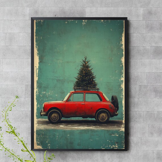 Vintage Red Car with Christmas Tree on Roof Retro Holiday Poster Art