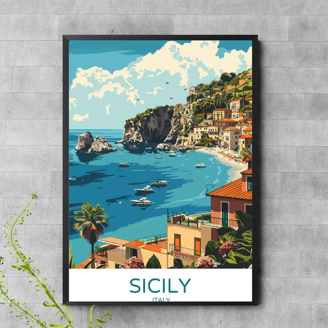 Sicily Italy Mediterranean Coastal Town Cliffs Vintage Travel Poster