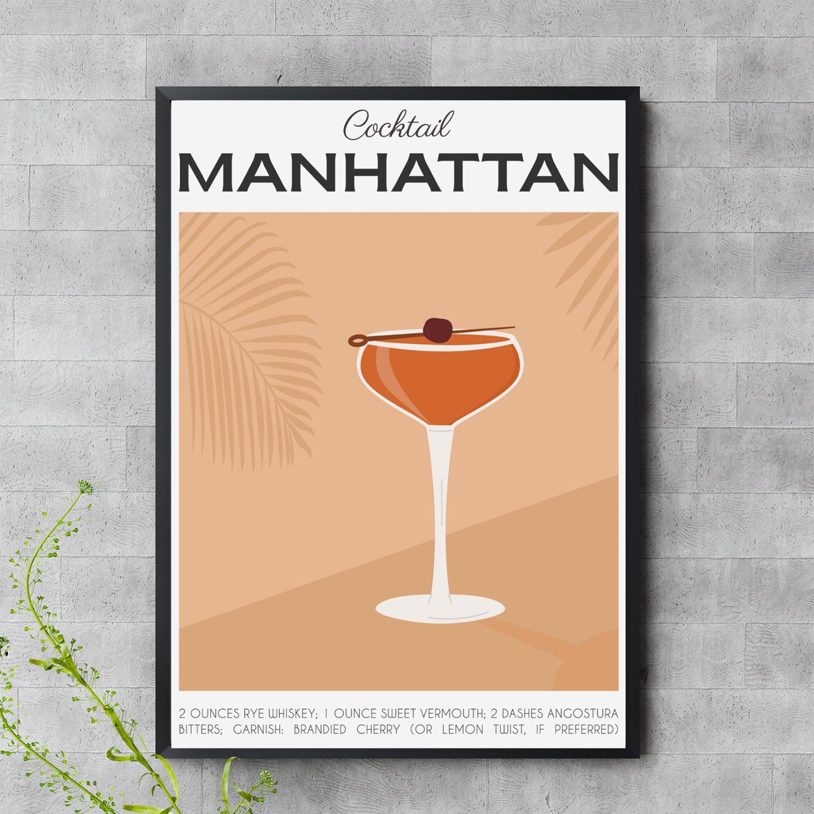Manhattan Classic Cocktail Recipe Rye Whiskey Cherry Minimalist Decor Poster