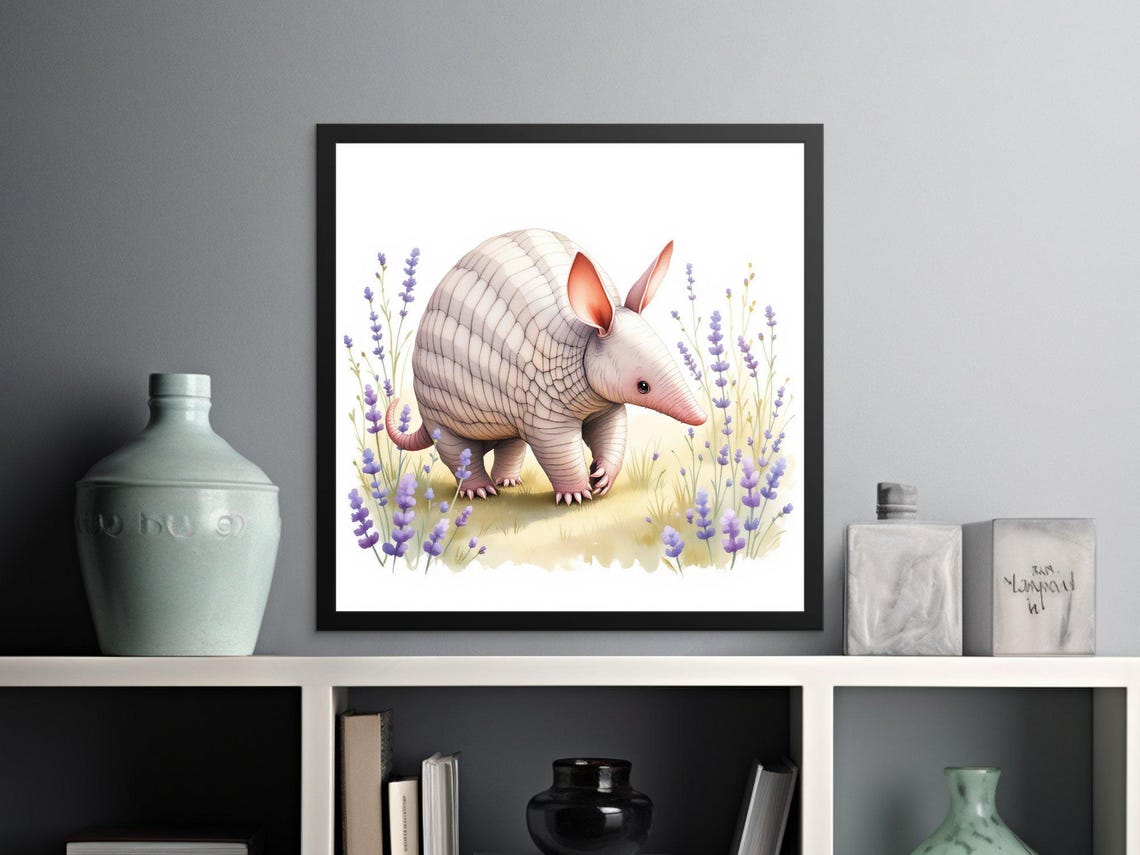 Cute Armadillo in a Lavender Field Watercolor Animal Nursery Poster - Image 2