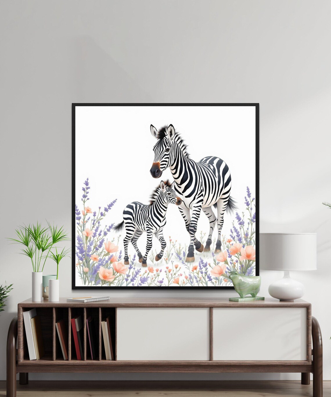 Zebra Mother and Baby Zebra in Wildflowers Watercolor Art Poster