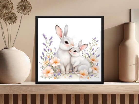 Wall Art Prints Cute Rabbit And Bunny Watercolour Art Print Animal Wall Art Spring Flowers Nursery Decor Nature Art