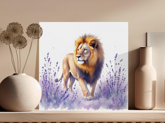 Majestic Lion Standing in Lavender Watercolor Safari Art Poster