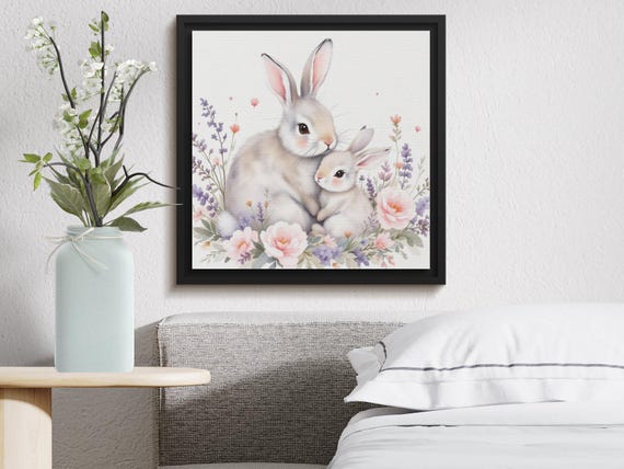 Wall Art Prints Adorable Bunny With Florals Watercolour Wall Art Mother And Baby Rabbit Png File Cute Animal Art Print