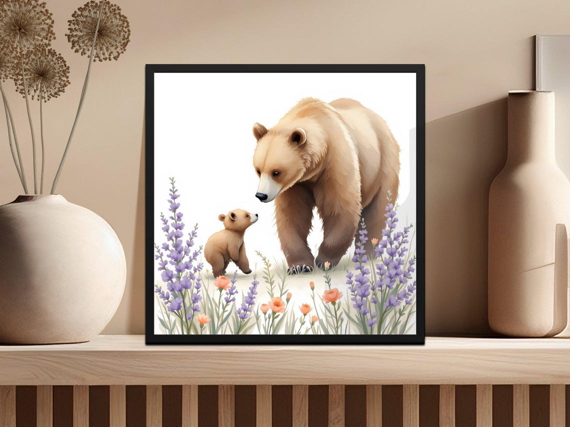 Mother Bear and Cub Among Lavender Watercolor Nursery Art Poster - Image 3