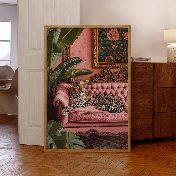 Leopard On Pink Sofa Poster Wall Art Vibrant Maximalist Prints Jungle Print Decor Optional Frame
