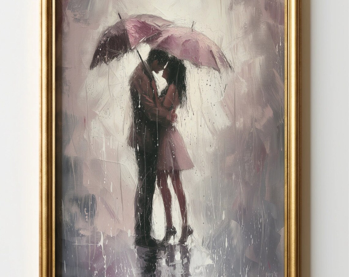 Romantic Couple Kissing Under Umbrella In Rain Pink Art Print Poster - Image 2