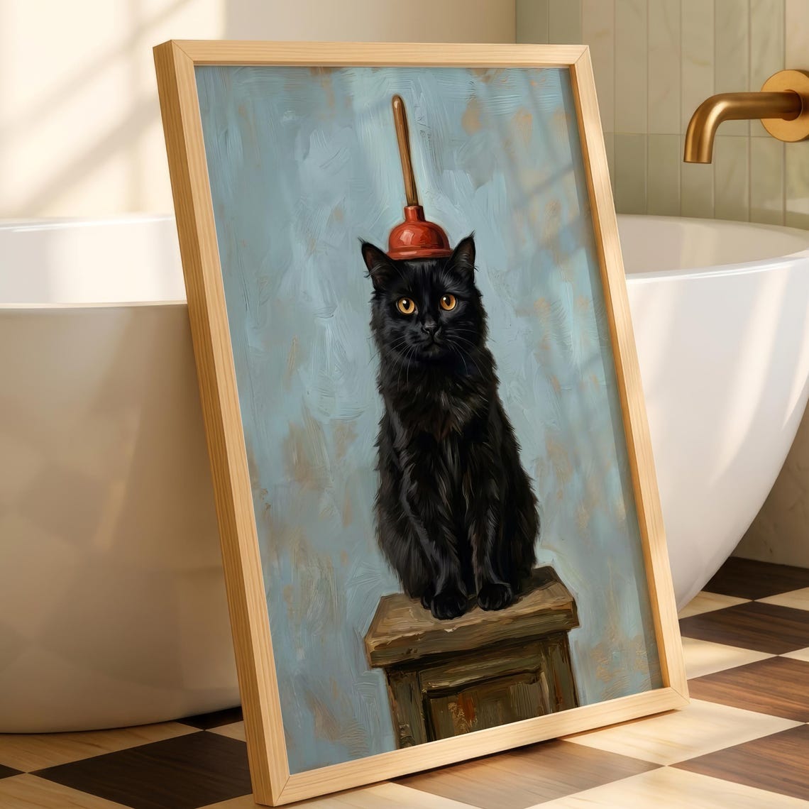 Funny Black Cat With Plunger On Head Bathroom Wall Art Painting