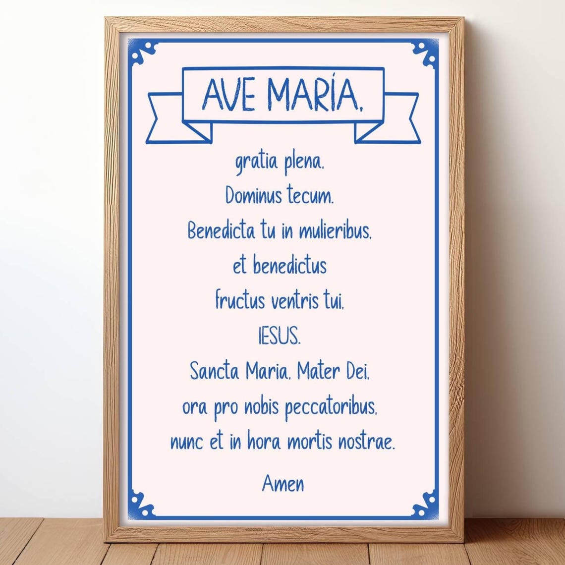 Ave Maria Latin Prayer Catholic Blue Handwritten Scripture Poster