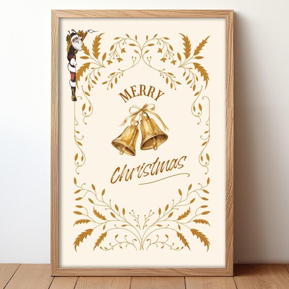 Merry Christmas Gold Bells Elegant Botanical Holiday Art Poster