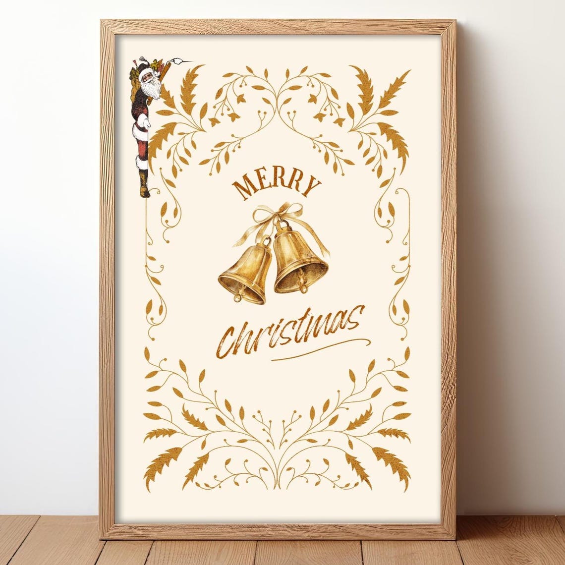 Merry Christmas Gold Bells Elegant Botanical Holiday Art Poster