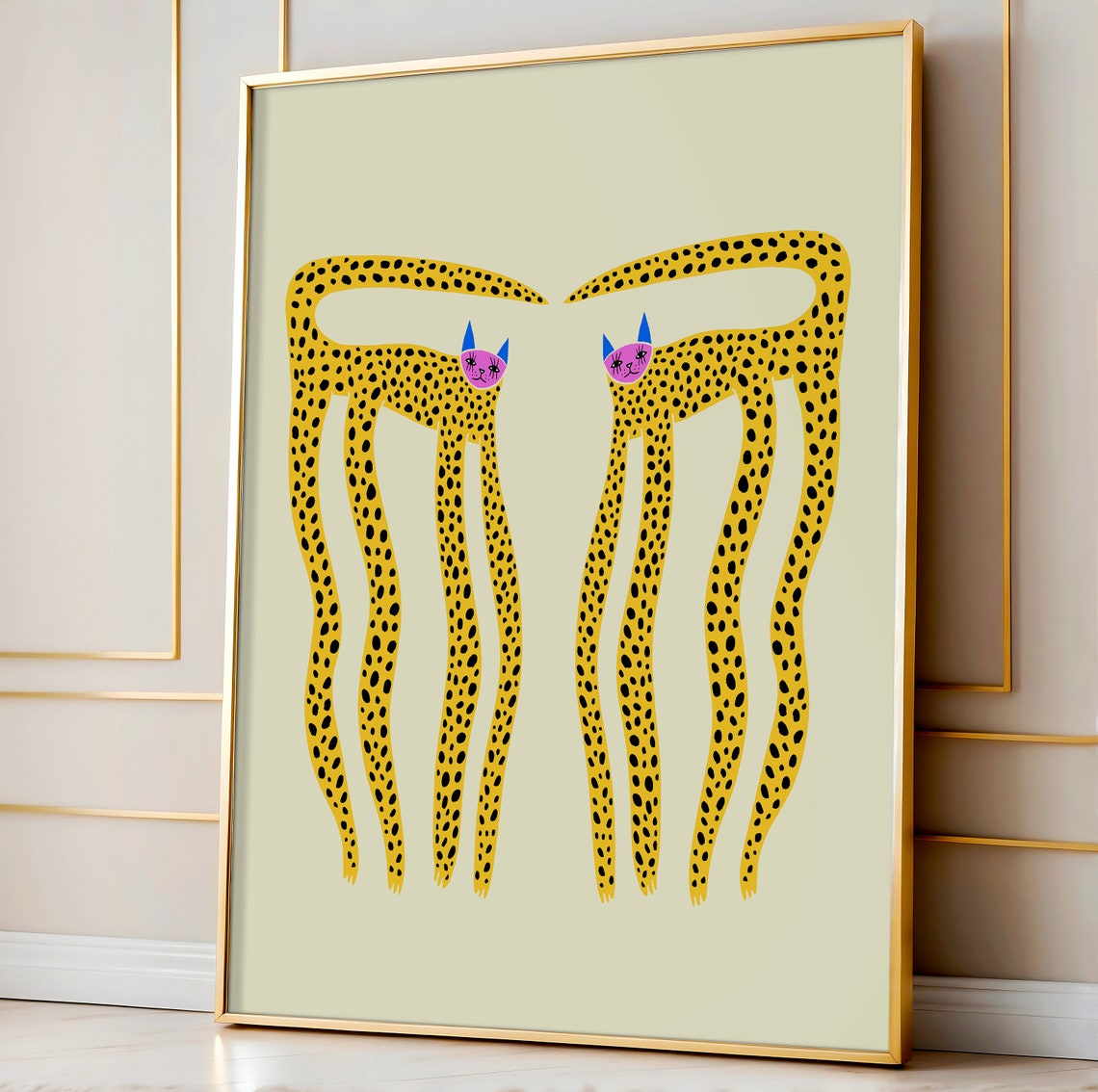 Two Spotted Cats with Long Legs Minimalist Whimsical Art Poster