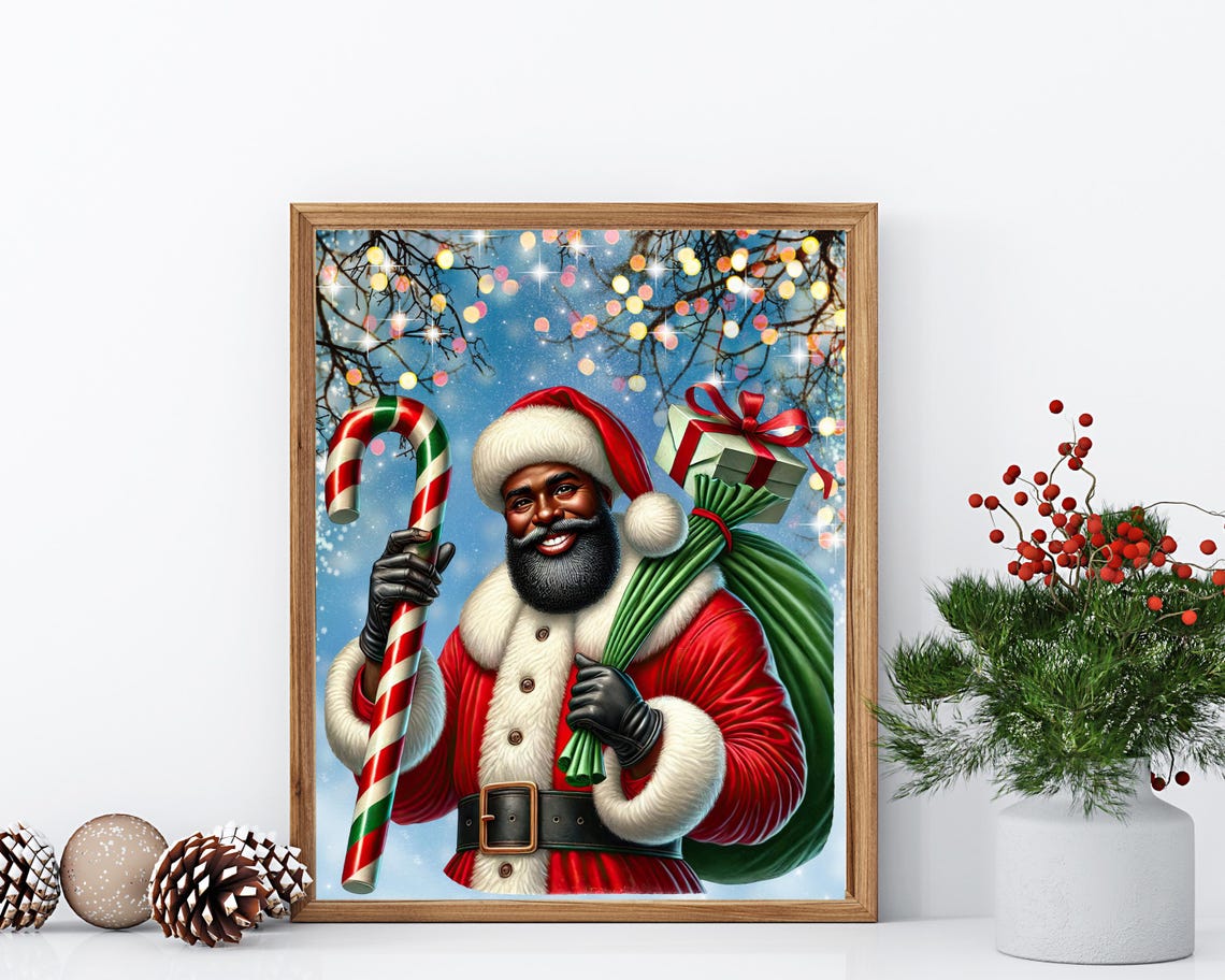 Festive Black Santa Art Poster Christmas Wall Decor Vibrant Holiday Print Instant