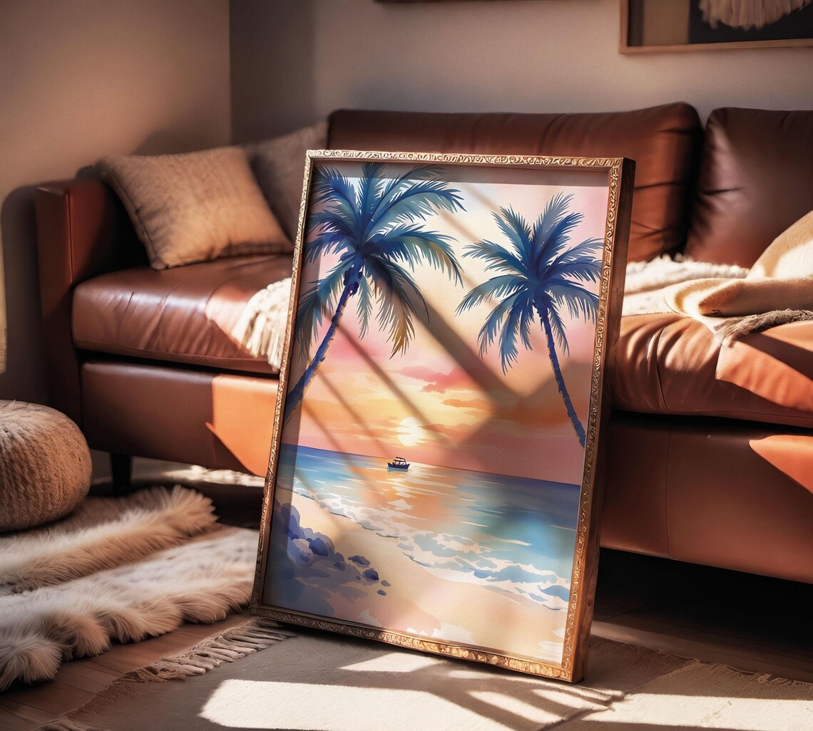 Tropical Sunset Palm Trees, Serene Beach Art Print - Image 2