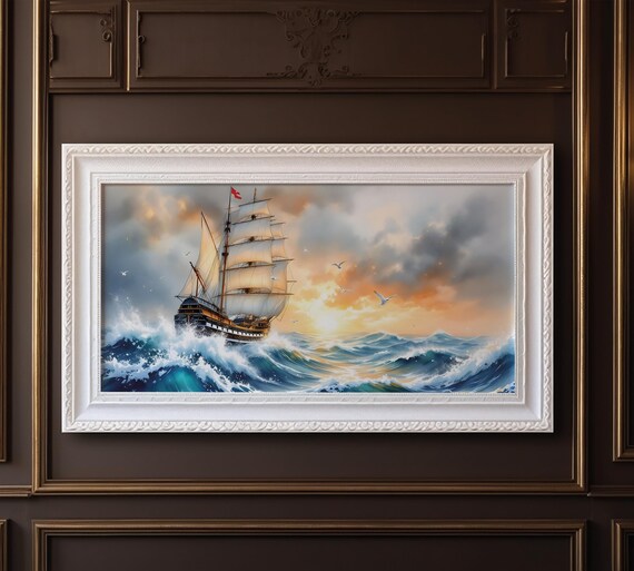 Tall Ship Stormy Sunset Ocean Waves Sailing Vessel Wall Art Print