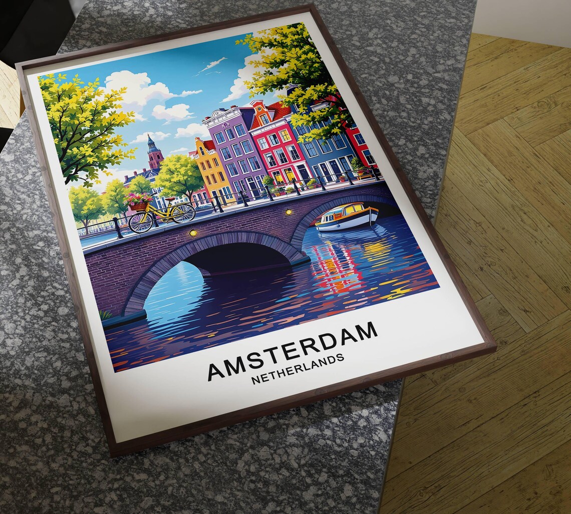 Amsterdam Netherlands Canal Bridge Colorful Houses Bicycle Cityscape Poster - Image 4