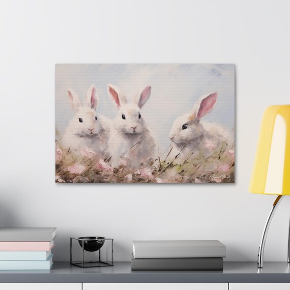 Three Fluffy White Bunnies Among Pink Meadow Flowers Art Print